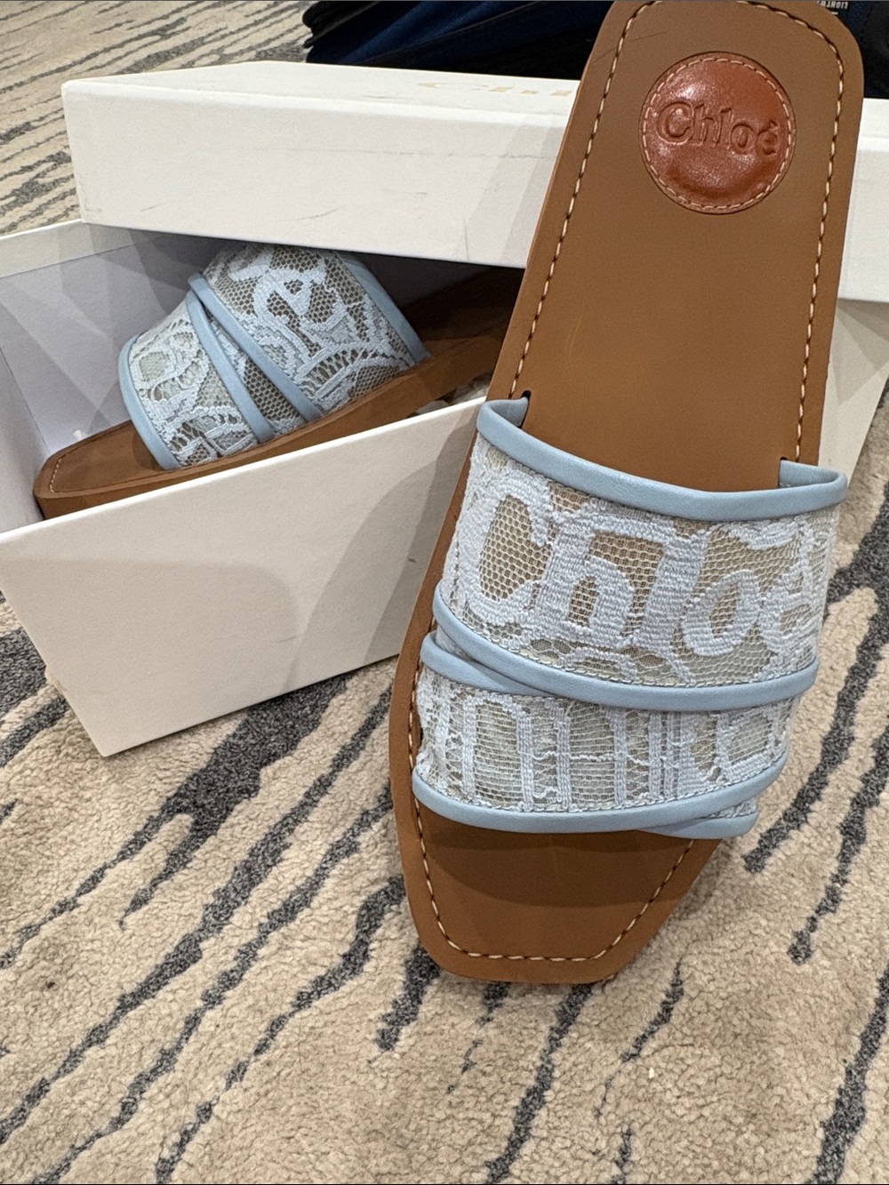 Chloe Woody Women's Light Blue Lace Slide Sandals